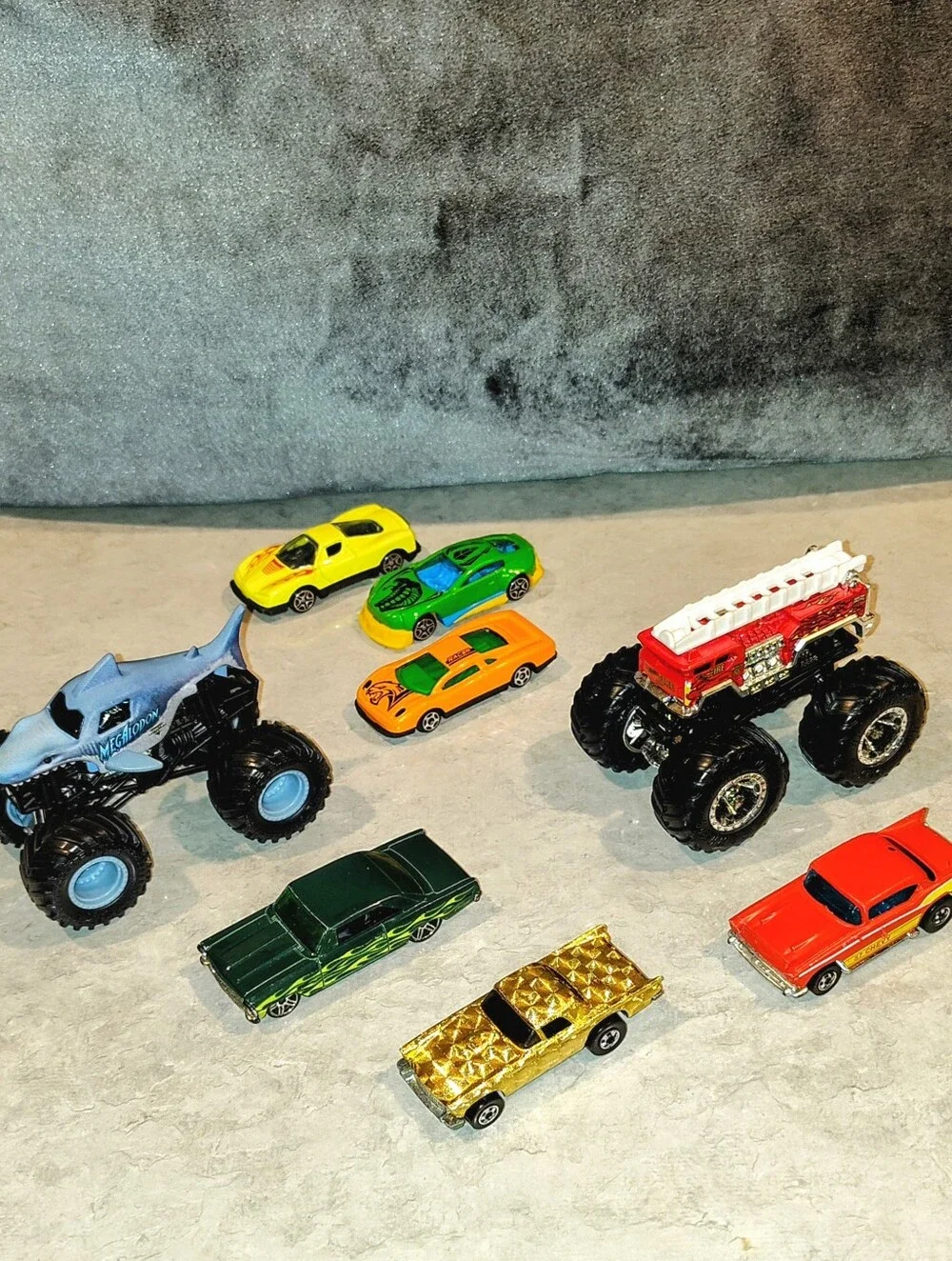 5 VTG HOT WHEELS 57' THUNDERBIRD 57' CHEVY 66' CHEVY NOVA SS & 2 MONSTER TRUCKS